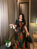 Plus Size Women Vintage Jacquard Dress Long Sleeve A-Line Party Clothing Mid-Calf Ball Gown