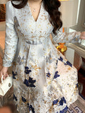 Luxury Big Size Jacquard Dress V-Neck Long Sleeve Party Evening Clothing Ball Gown