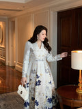 Luxury Big Size Jacquard Dress V-Neck Long Sleeve Party Evening Clothing Ball Gown