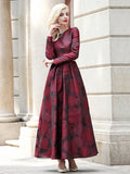 Women Long Sleeve Maxi Autumn Winter Dress Elegant Burgundy Floral Jacquard Lady Fall Boho Vintage Clothing