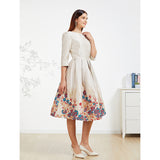 Elegant Women Jacquard Floral Party Dress Mid-Calf Ball Gown