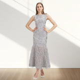 Elegant Organza Fishtail Evening Long Maxi Dress Sleeveless Fitting Gown