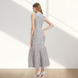 Elegant Organza Fishtail Evening Long Maxi Dress Sleeveless Fitting Gown