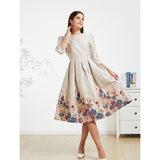 Elegant Women Jacquard Floral Party Dress Mid-Calf Ball Gown