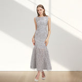 Elegant Organza Fishtail Evening Long Maxi Dress Sleeveless Fitting Gown