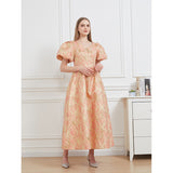 Women Jacquard Party Dress Elegant Puff Sleeve Evening Maxi Gown