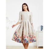 Elegant Women Jacquard Floral Party Dress Mid-Calf Ball Gown