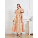 Women Jacquard Party Dress Elegant Puff Sleeve Evening Maxi Gown