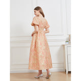 Women Jacquard Party Dress Elegant Puff Sleeve Evening Maxi Gown