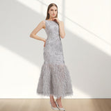 Elegant Organza Fishtail Evening Long Maxi Dress Sleeveless Fitting Gown