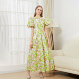 Luxury Women Organza Jacquard Puff Sleeve Party Dress