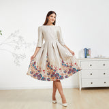 Elegant Women Jacquard Floral Party Dress Mid-Calf Ball Gown