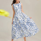 Elegant Organza Woman Long Dress Beach Boho Summer Embroidery Flower Dress