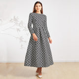 Elegant Women Vintage Gold Thread Yarn Dyed Jacquard  Long Sleeve Dress