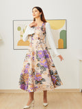 Vintage Women Jacquard Dress Long Sleeve Spliced Fashion Floral Ball Gown