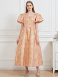 Women Jacquard Party Dress Elegant Puff Sleeve Evening Maxi Gown