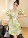 Luxury Jacquard Women Green Puff Sleeve Princess Dress