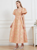 Women Jacquard Party Dress Elegant Puff Sleeve Evening Maxi Gown