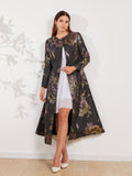 Women Long Trench Coat Jacket Autumn Winter Overcoat Jacquard Floral Fashion Outfit Party Clothes