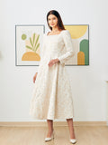 Women Jacquard White Square Neck Luxury Party Long Dress