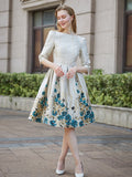 Elegant Women Jacquard Floral Party Dress Mid-Calf Ball Gown