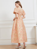 Women Jacquard Party Dress Elegant Puff Sleeve Evening Maxi Gown