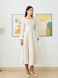 Women Jacquard White Square Neck Luxury Party Long Dress