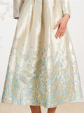 Elegant Jacquard Women Long Sleeves Maxi Dress Floral Wedding Party Autumn Winter Clothing