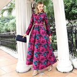 Women Elegant Boho Long Maxi Autumn Winter Dress Fashion Floral Jacquard Vintage Dress