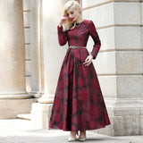 Women Long Sleeve Maxi Autumn Winter Dress Elegant Burgundy Floral Jacquard Lady Fall Boho Vintage Clothing