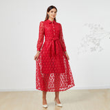 Women Elegant Lace Turn Down Collar Hollow Out Dress