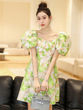 Luxury Jacquard Women Green Puff Sleeve Princess Dress