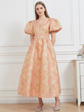 Women Jacquard Party Dress Elegant Puff Sleeve Evening Maxi Gown