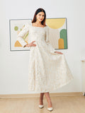 Women Jacquard White Square Neck Luxury Party Long Dress