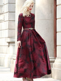 Women Long Sleeve Maxi Autumn Winter Dress Elegant Burgundy Floral Jacquard Lady Fall Boho Vintage Clothing