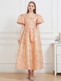 Women Jacquard Party Dress Elegant Puff Sleeve Evening Maxi Gown