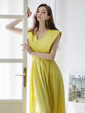 Elegant Women Long Jumpsuits Summer Wide Leg Pant Fashion Sleeveless Casual Yellow Party Rompers