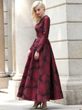 Women Long Sleeve Maxi Autumn Winter Dress Elegant Burgundy Floral Jacquard Lady Fall Boho Vintage Clothing