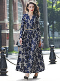 Women Elegant Jacquard Long Sleeves Maxi Floral Fashion Party Dress