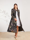 Women Long Trench Coat Jacket Autumn Winter Overcoat Jacquard Floral Fashion Outfit Party Clothes