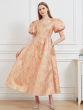 Women Jacquard Party Dress Elegant Puff Sleeve Evening Maxi Gown