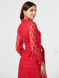 Women Elegant Lace Turn Down Collar Hollow Out Dress