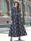 Women Elegant Jacquard Long Sleeves Maxi Floral Fashion Party Dress