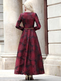 Women Long Sleeve Maxi Autumn Winter Dress Elegant Burgundy Floral Jacquard Lady Fall Boho Vintage Clothing