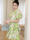 Luxury Jacquard Women Green Puff Sleeve Princess Dress